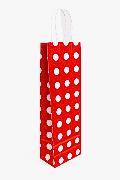 Çanta Beyaz Kraft Kırmızı Puantiyeli 12,5x36x8 Cm Burgu Sap Şişe Çantası